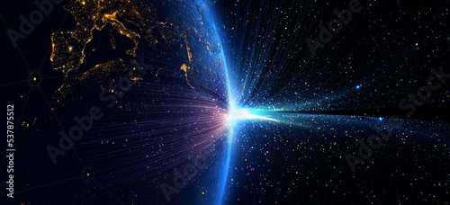 System for digital data transmission. Connection lines Around Earth. Global International Connectivity Background. Transmission lines for goods and services and social networks.