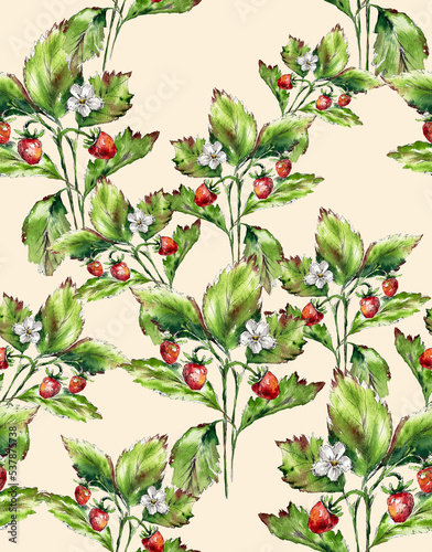 Strawberry watercolor botanical illustration seamless pattern textile wallpaper ecological summer berries