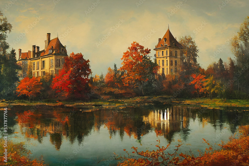 autumn chateau view secnery beautiful river moutain digital painting 