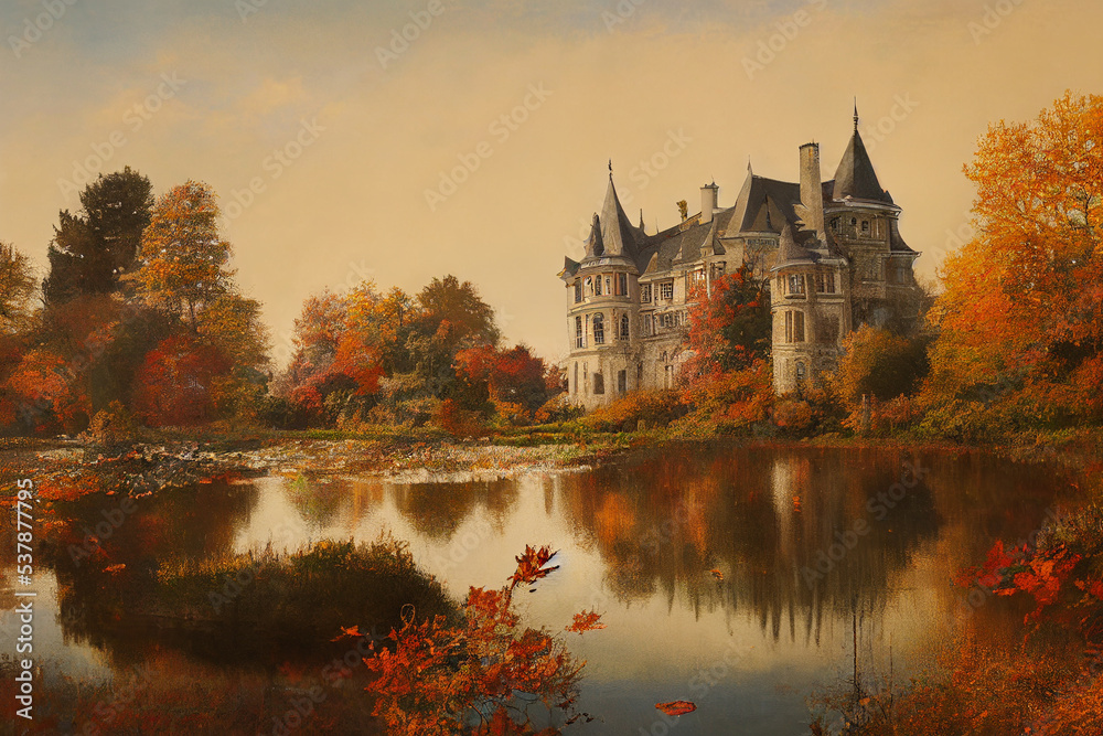 autumn chateau view secnery beautiful river moutain digital painting autumn chateau view secnery beautiful river moutain digital painting