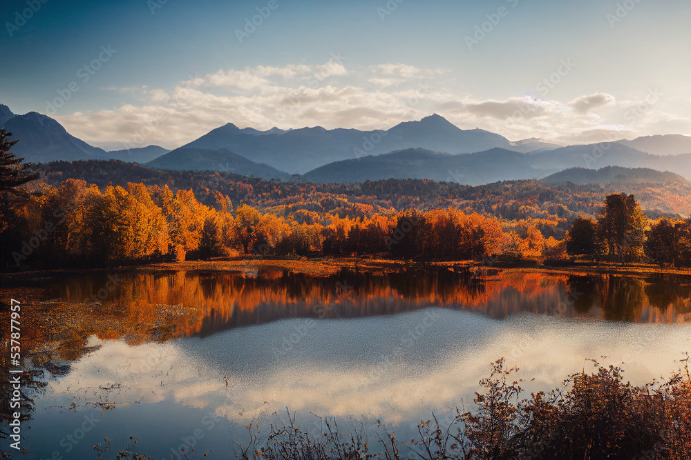 Fototapeta premium autumn chateau view secnery beautiful river moutain digital painting 