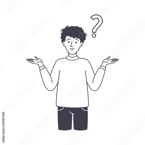 Question with Thoughtful Man Character Scratching Head over Riddle Outline Vector Illustration