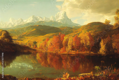 autumn chateau view secnery beautiful river moutain digital painting 