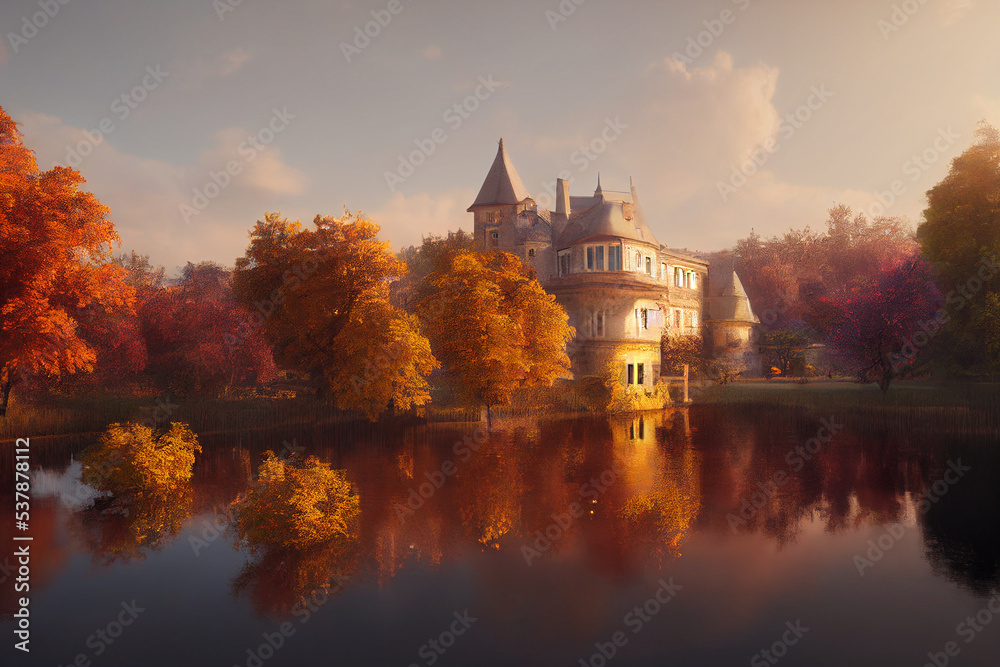 autumn chateau view secnery beautiful river moutain digital painting 