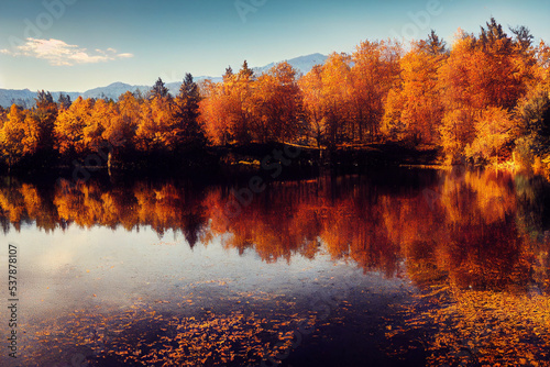 autumn chateau view secnery beautiful river moutain digital painting  photo