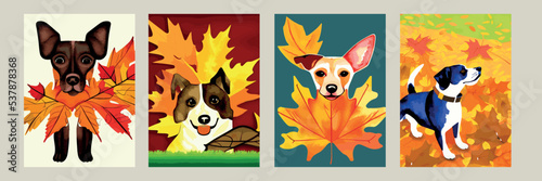 walking  Dog in Autumn. Autumn is here, outdoor activity concept. Float vector illustration.