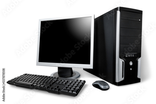 Desktop computer and keyboard on background