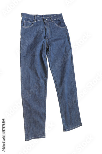 Denim men's trousers. Blue trousers on a light background.