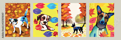 walking  Dog in Autumn. Autumn is here  outdoor activity concept. Float vector illustration.