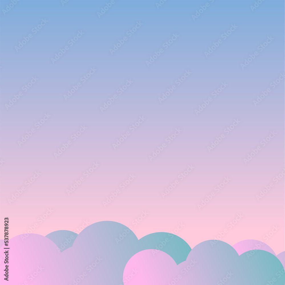 Sunset clouds sky image, copy space. Sky and clouds background in pink, teal and blue colored. Illustration, wallpaper.