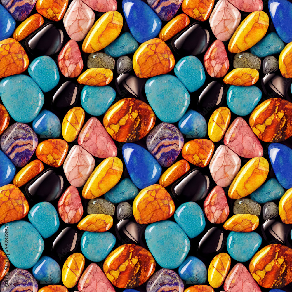 Polished gemstones seamless pattern. Tumbled pebbles repeating background. Realistic 3D illustration Polished gemstones seamless pattern. Tumbled pebbles repeating background. Realistic 3D illustration