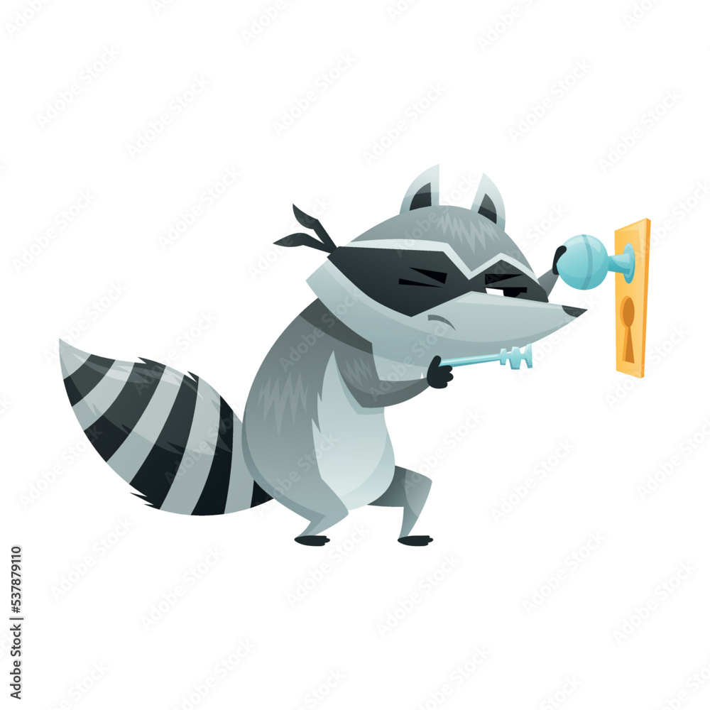 Raccoon Burglar with Striped Tail Wearing Mask Breaking Door Lock Vector Illustration Raccoon Burglar with Striped Tail Wearing Mask Breaking Door Lock Vector Illustration