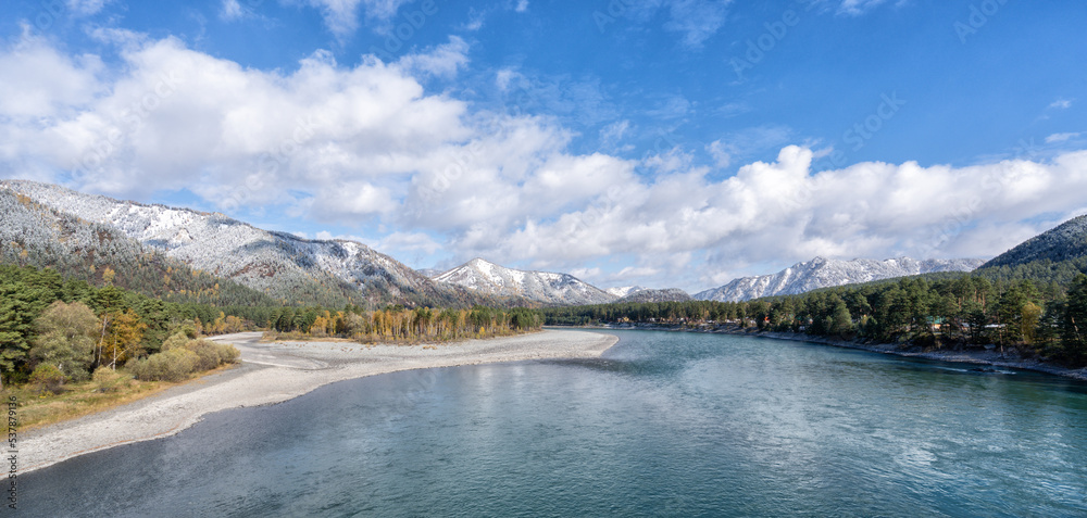 Landscape of the Altai Mountains and the North Chui Ridge, Katun River in Siberia, Altai Republic, Russia