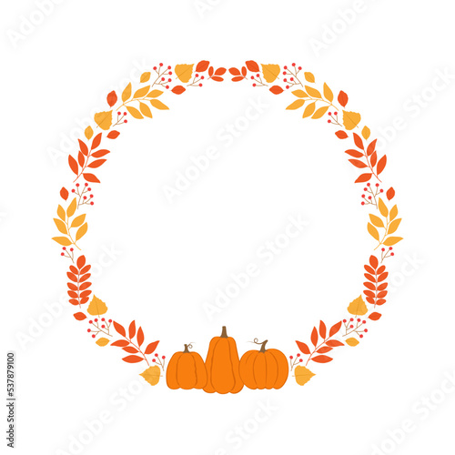 Round frame with autumn twigs, berries and pumpkins. Template for autumn decorative design