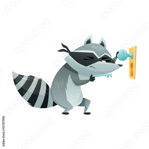 Raccoon Burglar with Striped Tail Wearing Mask Breaking Door Lock Vector Illustration