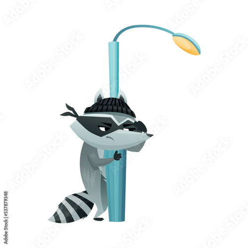 Raccoon Burglar with Striped Tail Wearing Mask Hiding Behind Lamp Post Vector Illustration