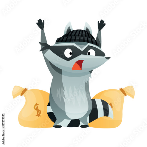Raccoon Burglar with Striped Tail Wearing Mask Caught Red-handed with Sack of Money Vector Illustration