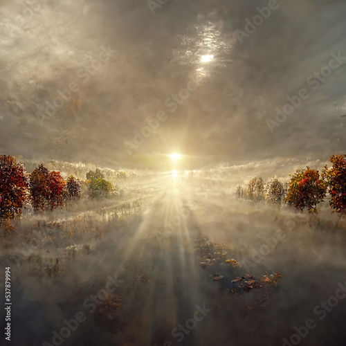 Amazing foggy autumn landscape. Idyllic, peaceful, misty wild nature scenery. 3D illustration.