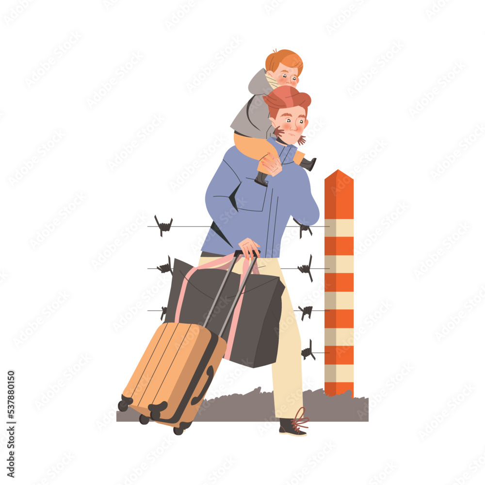 Man Refugee with Luggage and Little Kid on Shoulders Leaving Homeland Fleeing from War Conflict Seeking Asylum Vector Illustration