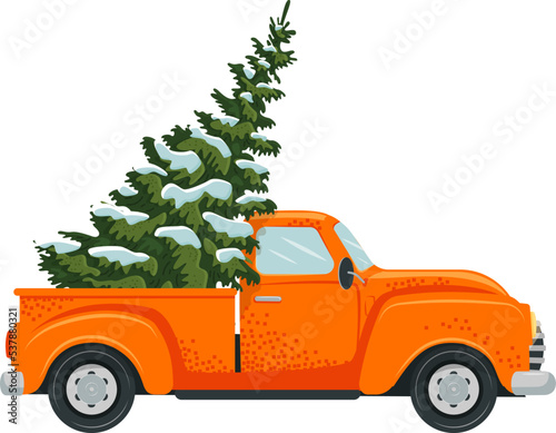 A yellow truck is carrying a Christmas tree, a spruce with snowy branches. Vector illustration, flat, cartoon style, banner, flyer
