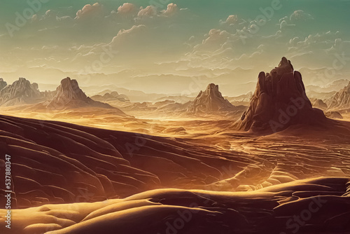 Prehistoric antediluvian landscape, rocky mountains and volcanoes. Digital 3D illustration.
