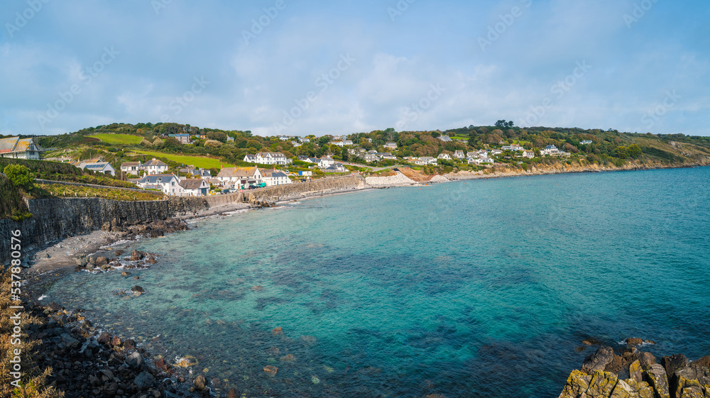 The bay and beach at Coverack, a picturesque Cornish fishing village. It is situated on the eastern coast of the Lizard peninsula.