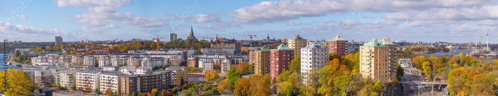 Panorama view from a cliff over the districts Södermalm and Hammarby Sjöstad a sunny a color full autumn day in Stockholm