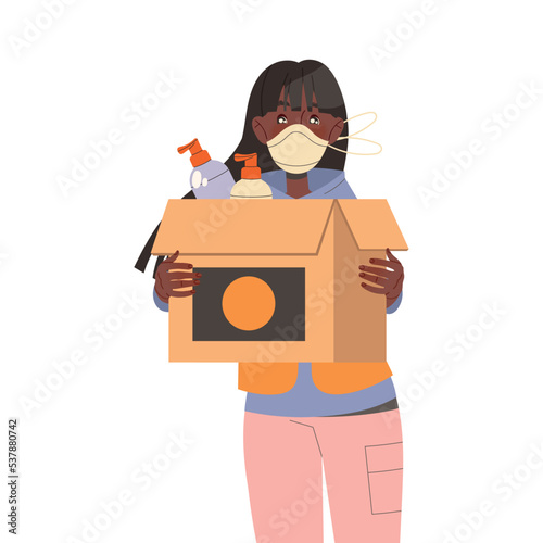 Young Woman Volunteer in Face Mask Holding Cardboard Box with Humanitarian Aid for Refugee Vector Illustration