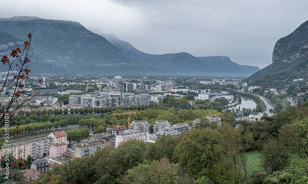 View of Grenoble metropolis as seen from Fort de La Bastille, France