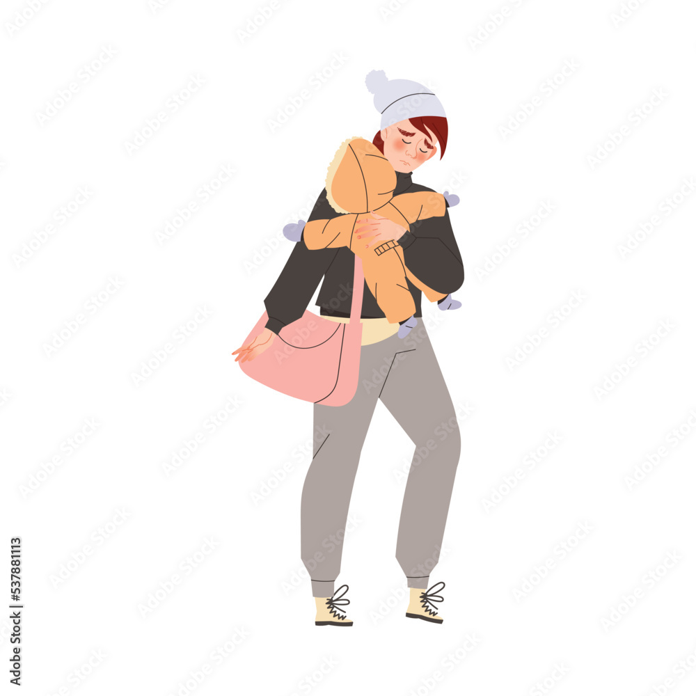 Young Woman Refugee with Baby and Handbag Leaving Homeland Fleeing from War Conflict Seeking Asylum Vector Illustration Young Woman Refugee with Baby and Handbag Leaving Homeland Fleeing from War Conflict Seeking Asylum Vector Illustration