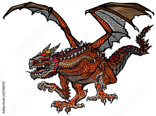 Western Dragon. Classic European mythological creature with open bat-type wings.Aggressive mystic animal in attacking pose. Front view. Graphic style isolated vector illustration