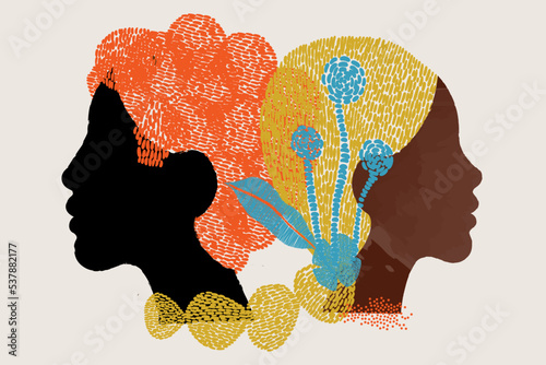 diversity people - black couple - black face man and red hair - black face woman and yellow scarf in her hair - back to back