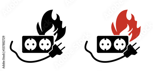 Cartoon electric plug. socket, electricity, power logo oe symbol. Power plugs and broken cable. Socket plug adapter. Wire, cable of energy icon. Fire, flame, overload electrical safety concept
