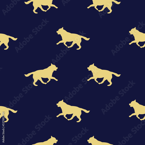 Running rottweiler puppy. Dog silhouette. Seamless pattern or endless texture. Design for wallpaper, wrapping paper, fabric, decor, surface design. Vector illustration.