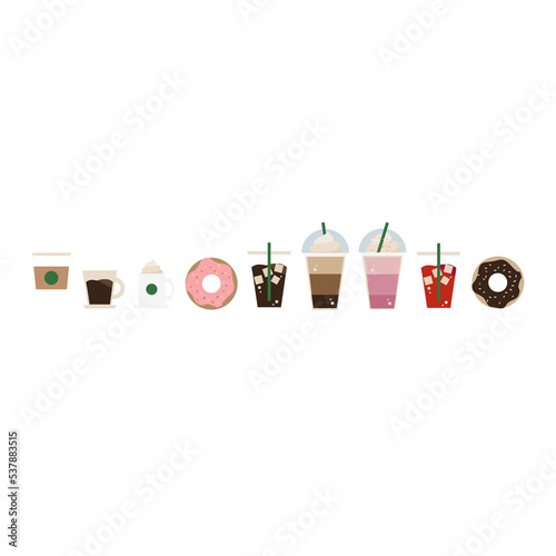 Set of coffee types and packages. Coffee menu vector illustration. Collection of glasses with cappuccino, latte, espresso, americano, mocha, frappuccino. Take away. Vector of coffee shop concept.