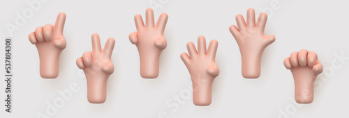 3D cartoon hand showing fingers, counting from one to five on gray background. Set of emoji human hands showing numbers. Gestures of numbers from 1 to 5. Vector illustration.