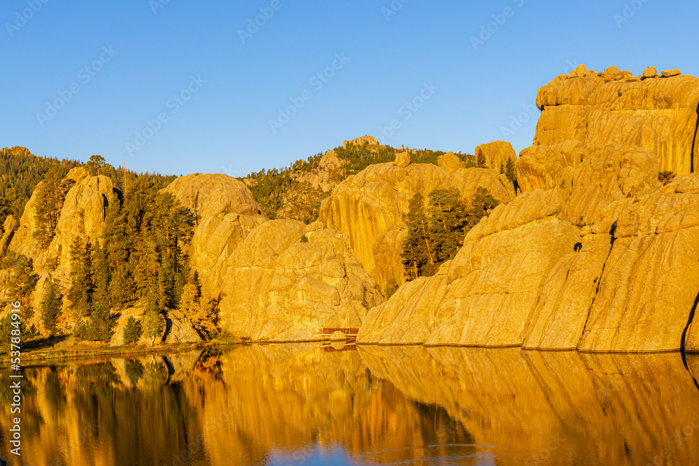 Rock Formations Reflecting on Sylvan Lake, Custer State Park, South Dakota, USA