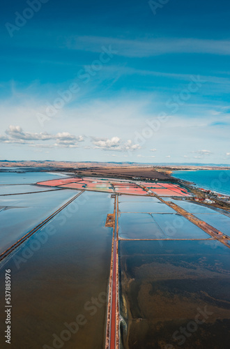 Beautiful drone panorama of a salt lake near the sea