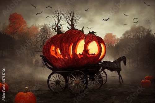 An eerie, horse-drawn pumpkin carriage wanders through a dark forest at night, candlelit and illuminated by the full moon. 3D illustration and fantasy digital painting. photo