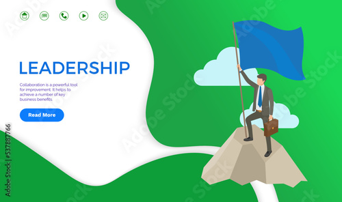 Leadership web page sample, businessman on top of mountain with flag. Landing page with company leader achieving best results. Man on peak of success, motivation