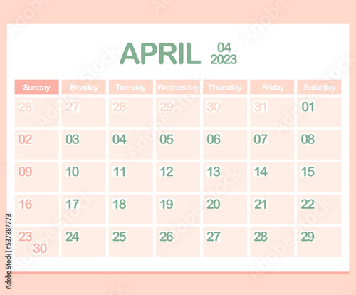 Calendar for year 2023. April. Office Corporate planner template in pastel colors. Wall or Desktop calendar page. Minimalism. Week starts on Sunday. Vector illustration 