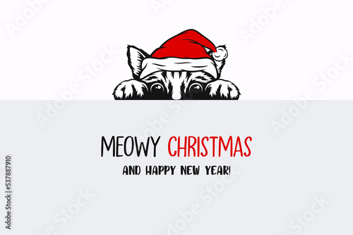 Vector Cute Funny Hiding Peeping Kitten, Cat, Kitty with Santa Hat, Line Art. Kitten with Banner Design Template for New Year 2023 Greeting Card, Christmas Poster, Print, Kids Design photo
