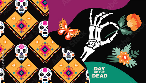 Dia de Los Muertos  Day of the Dead or Halloween greeting card   banner  background. Sugar skulls  candle  maracas  guitar  sombrero   marigold flowers    alavera la Catrina tradition skeleton decorati