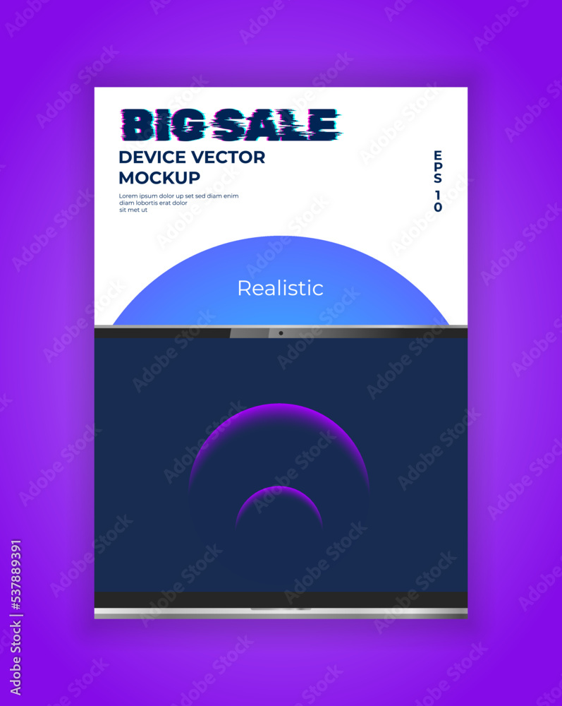 Naklejka premium Sale poster device vector mockup. Realistic laptop on white background. Presentation digital cover. Modern color and style. Eps 10