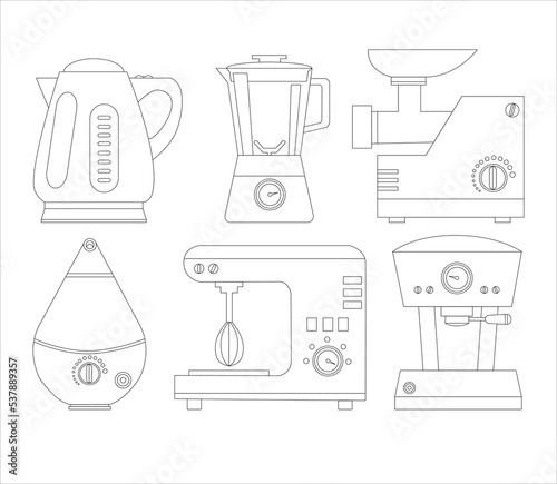 Kettle, blender, coffee machine, humidifier, meat grinder. Big set home appliances, kitchen appliances. Outline vector illustration for web design isolation on white background.