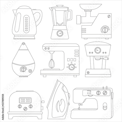 Kettle, blender, coffee machine, humidifier, meat grinder, toaster, iron, sewing machine. Big set home appliances, kitchen appliances. Outline vector illustration. Icons