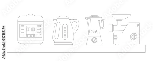 Kettle, blender, slow cooker, meat grinder. Home appliances, kitchen appliances. Outline vector illustration. Icons