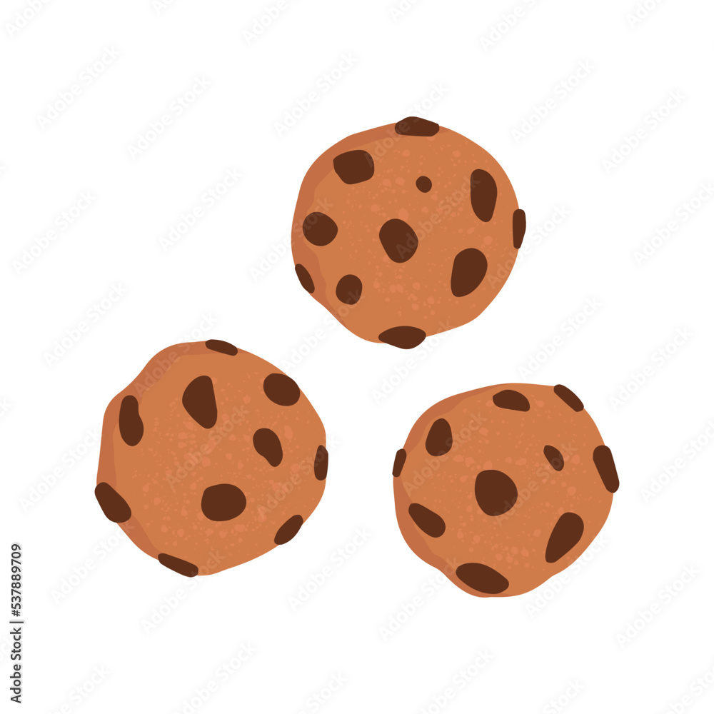 Flat vector illustration of chocolate chip cookies. A sweet snack. Isolated design on a white background. Flat vector illustration of chocolate chip cookies. A sweet snack. Isolated design on a white background.