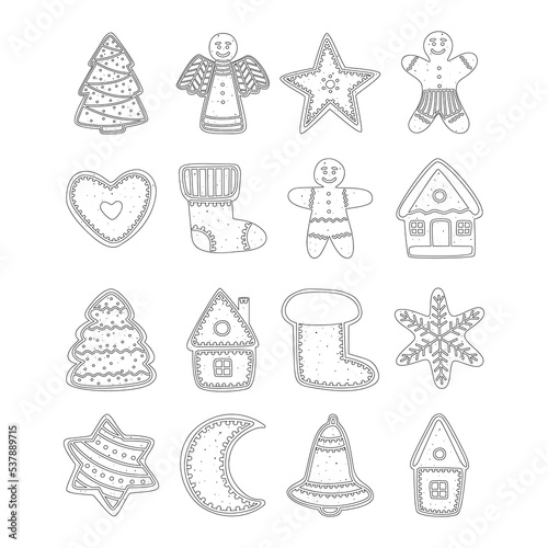 Flat vector cartoon set of Christmas gingerbread cookies in the shape of a man, Christmas tree, house, star, snowflakes, bell, heart, angel. Isolated sketch on a white background.
