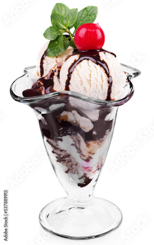 Ice cream with chocolate sauce on white background